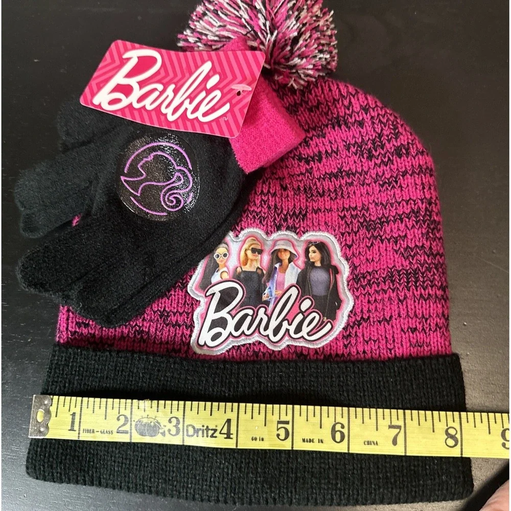 Barbie Beanie & Gloves Youth‎ Pom Pink & Black 2 Piece Set